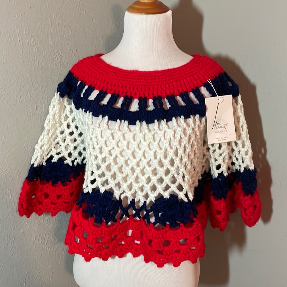 Vintage Hand Crochet Poncho - Red, White and Blue